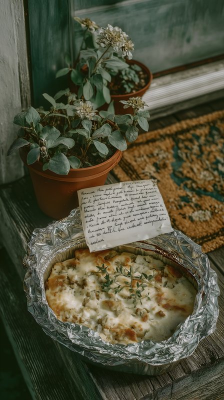 Homemade dish on porch with handwritten note and plant Free Premium Stock Image - stock photo