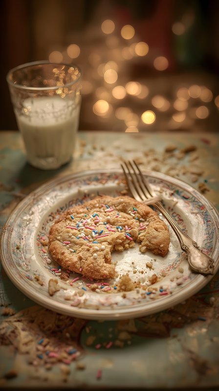 Cookie and milk on a plate with sprinkles after dessert Free Premium Stock Image - stock photo