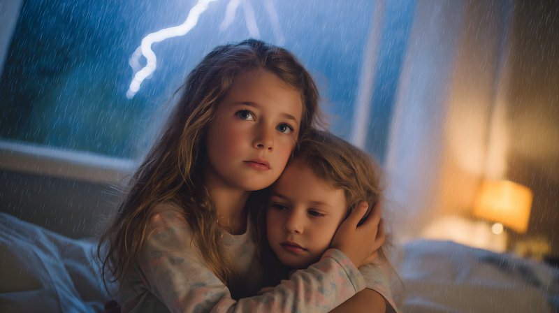 Two girls watching a storm from a window at night Free Premium Stock Image - stock photo