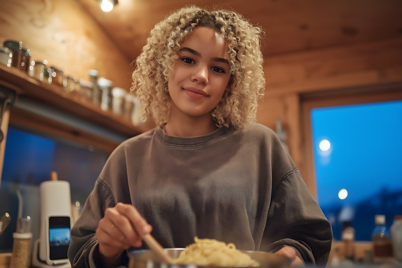 Young woman cooks pasta in a cozy kitchen at dusk Free Premium Stock Image - stock photo