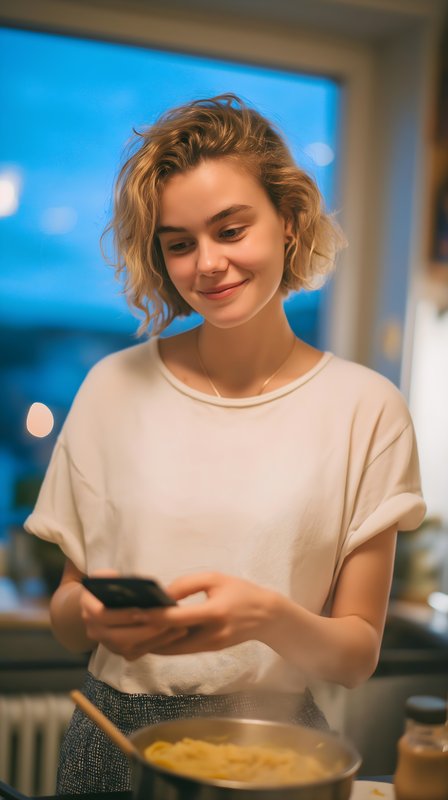 Woman cooks and checks phone at evening kitchen Free Premium Stock Image - stock photo