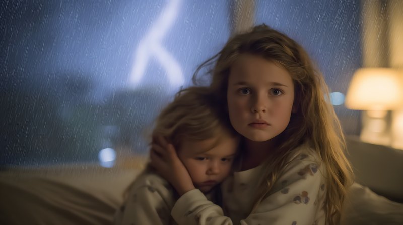 Sisters watch a storm from their bedroom window at night Free Premium Stock Image - stock photo