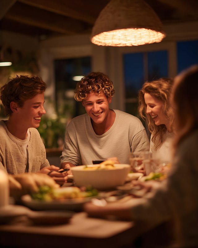 Friends gather for dinner at home in the evening Free Premium Stock Photo - stock photo