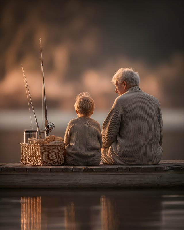 Two people sit by the water with fishing rods in the evening Free Premium Stock Image - stock photo