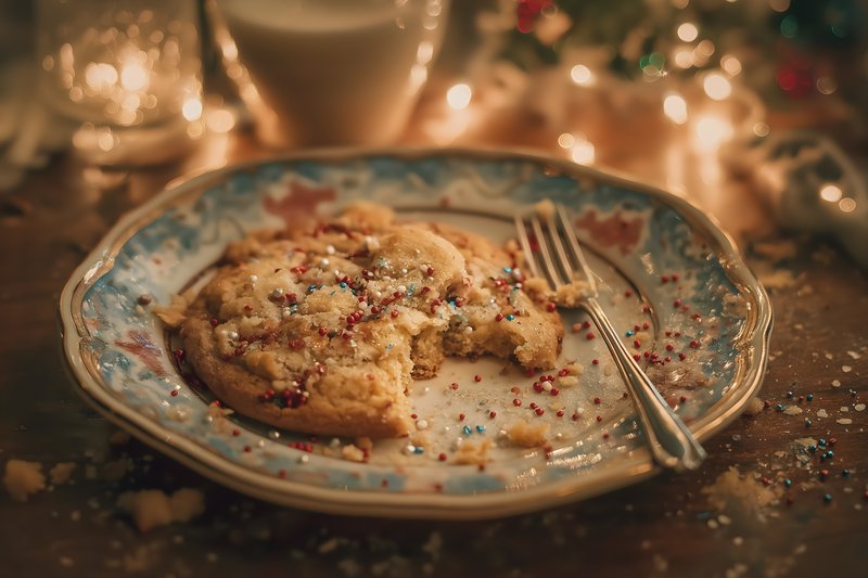 Cookie on a plate with fork and milk in warm lighting Free Premium Stock Image - stock photo