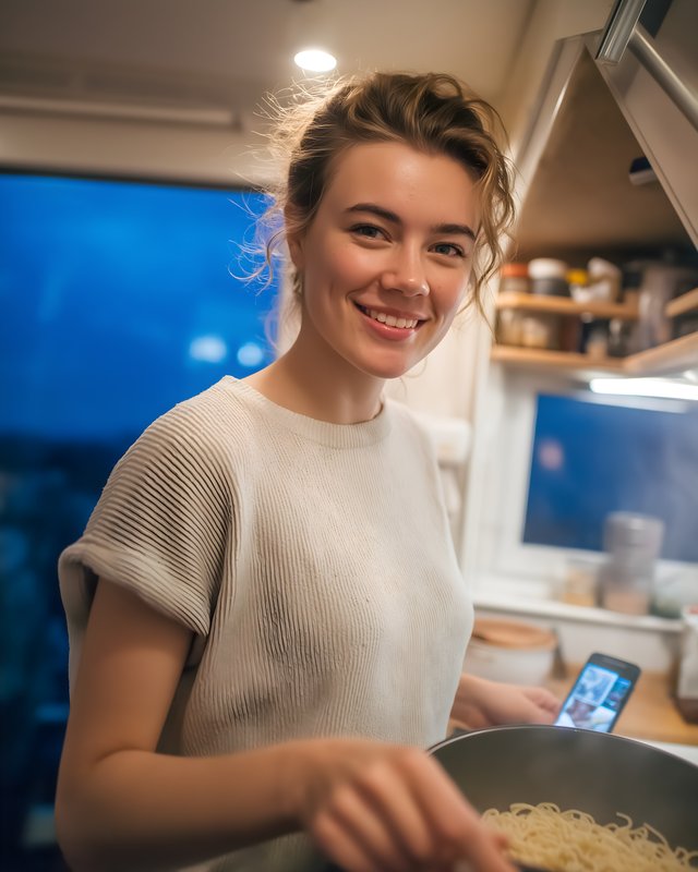 Woman cooking pasta in kitchen at evening time Free Premium Stock Image - stock photo
