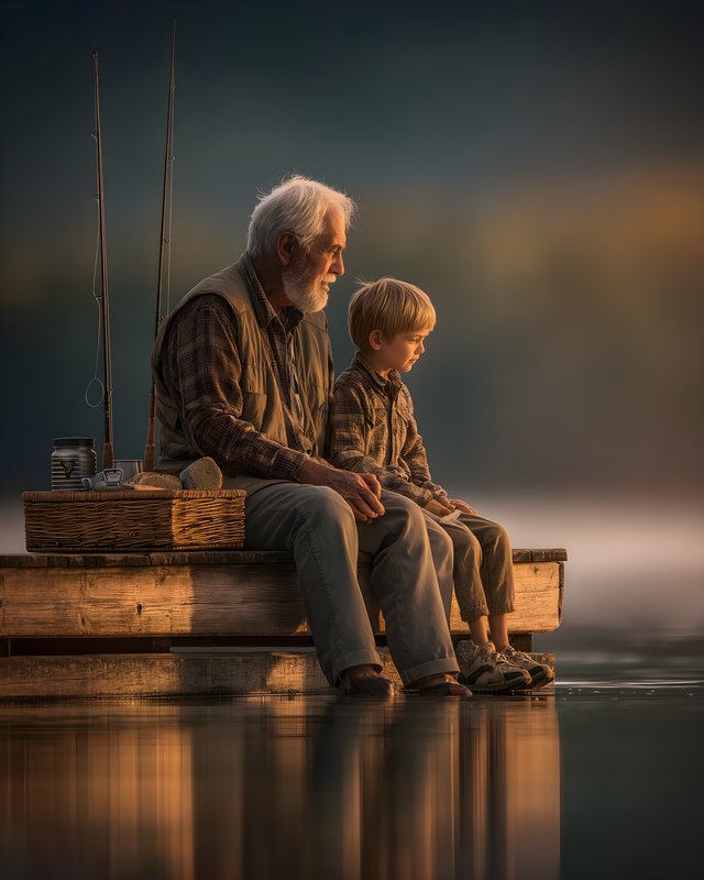 Grandfather and grandson fishing together at the lake Free Premium Stock Image - stock photo