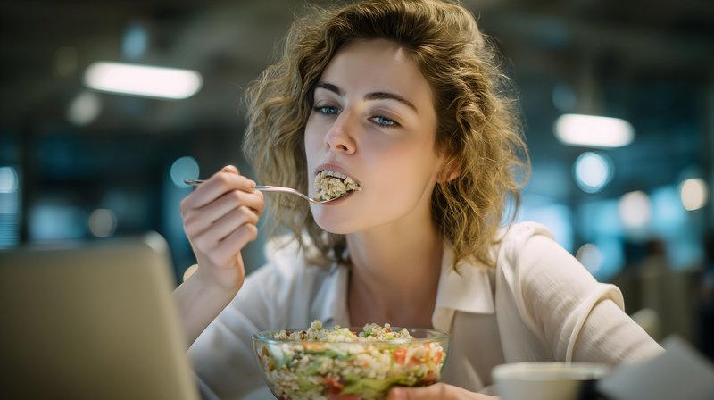 Woman eats salad while sitting at desk in office Free Premium Stock Photo - stock photo