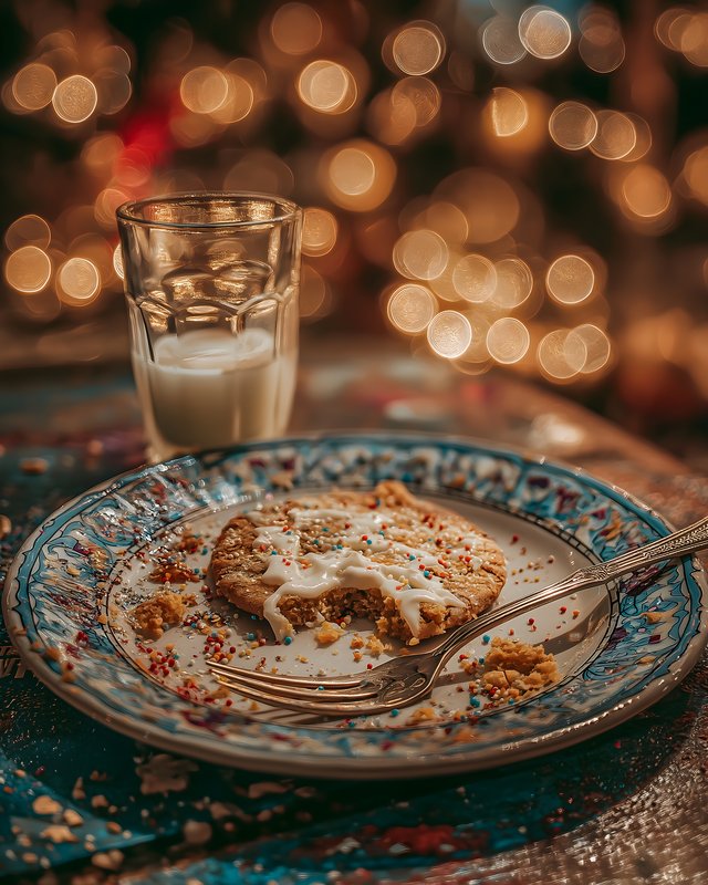 Cookie and milk on a plate with lights in the background Free Premium Stock Photo - stock photo