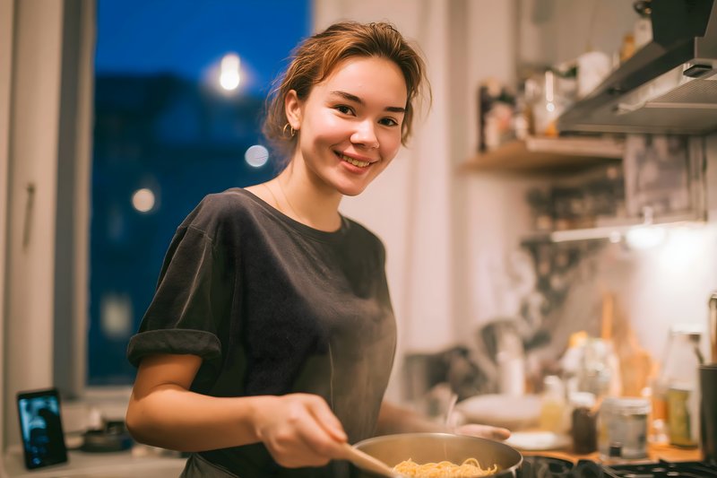 Young woman cooks pasta in a kitchen during evening hours Free Premium Stock Photo - stock photo