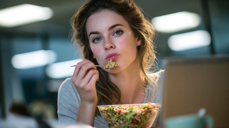 Woman eating salad at desk in evening office setting Free Premium Stock Photo - stock photo
