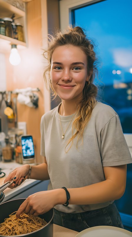Woman cooks pasta in a cozy kitchen at dusk Free Premium Stock Photo - stock photo