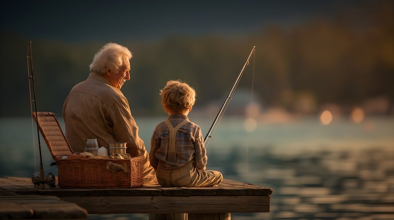 Elderly man and boy fish together at lakeside during sunset Free Premium Stock Photo - stock photo