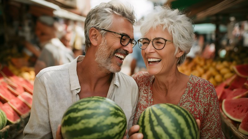 Couple enjoys shopping for watermelons at market Free Premium Stock Image - stock photo