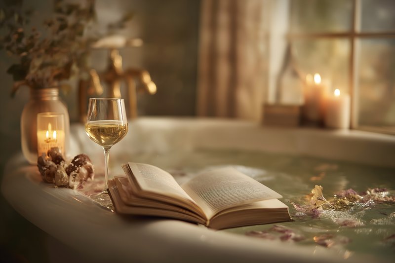 Relaxing bath setup with a book and wine by the window Free Premium Stock Photo - stock photo