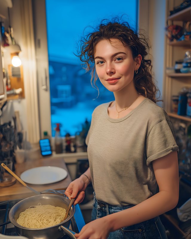 Young woman cooks pasta in a cozy kitchen at sunset Free Premium Stock Image - stock photo