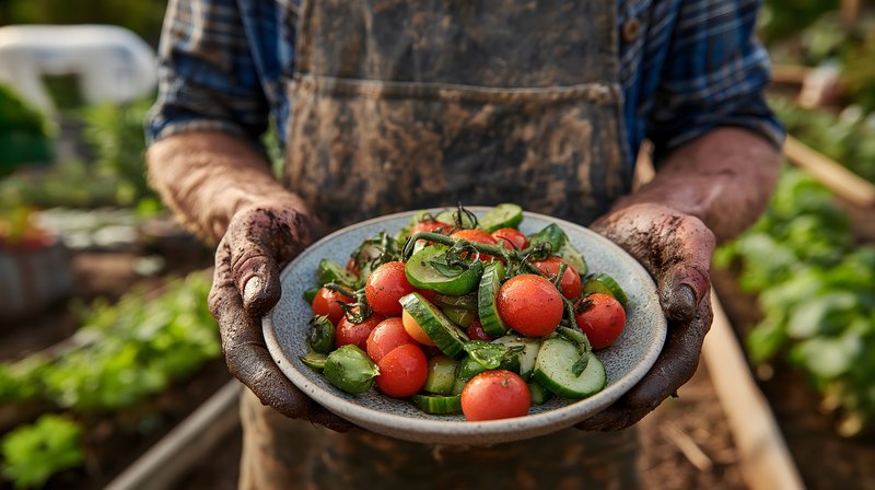 Gardener holds fresh salad in hands at community garden Free Premium Stock Photo - stock photo