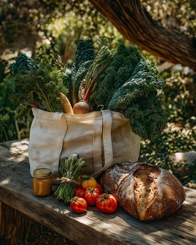 Fresh produce and bread on a wooden table in nature Free Premium Stock Image - stock photo