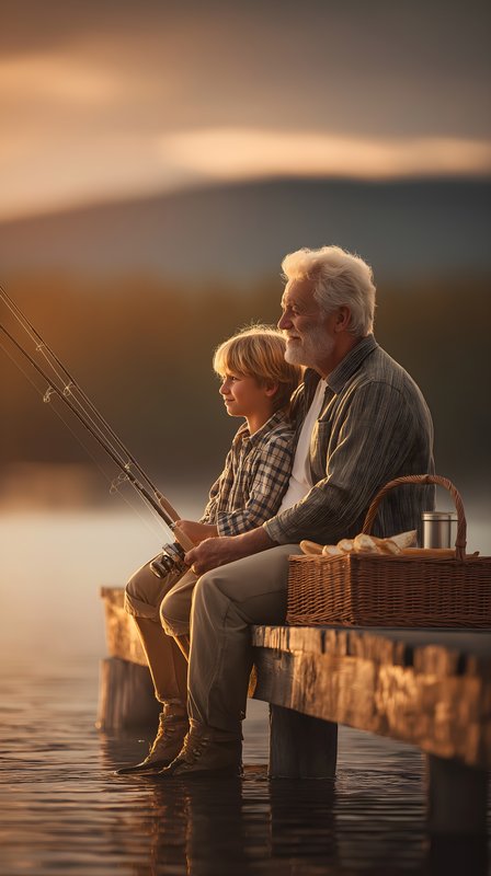 Grandfather and grandson fish together at sunset by the lake Free Premium Stock Image - stock photo