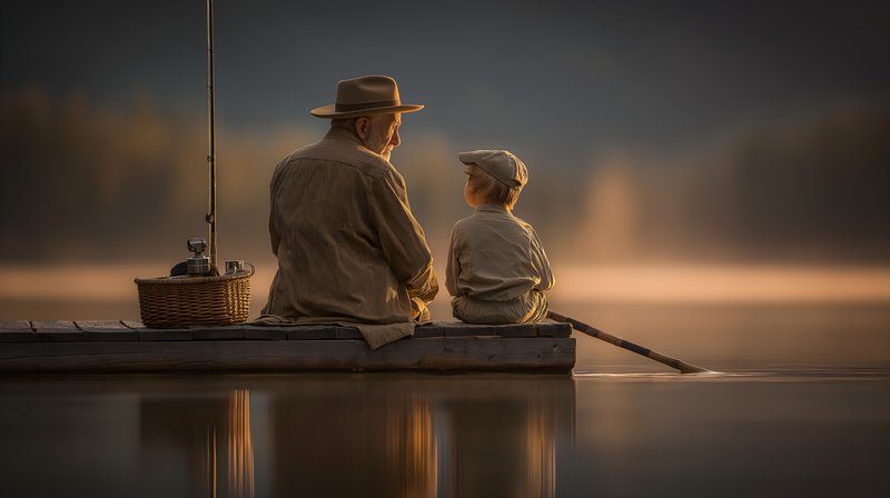 Grandfather and grandson fish together on a calm lake at sunset Free Premium Stock Image - stock photo