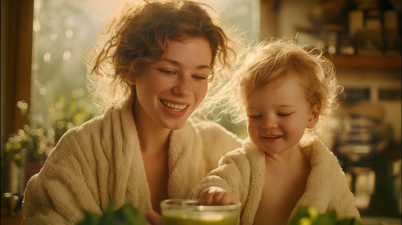 Mother and child prepare food together in a cozy kitchen Free Premium Stock Image - stock photo