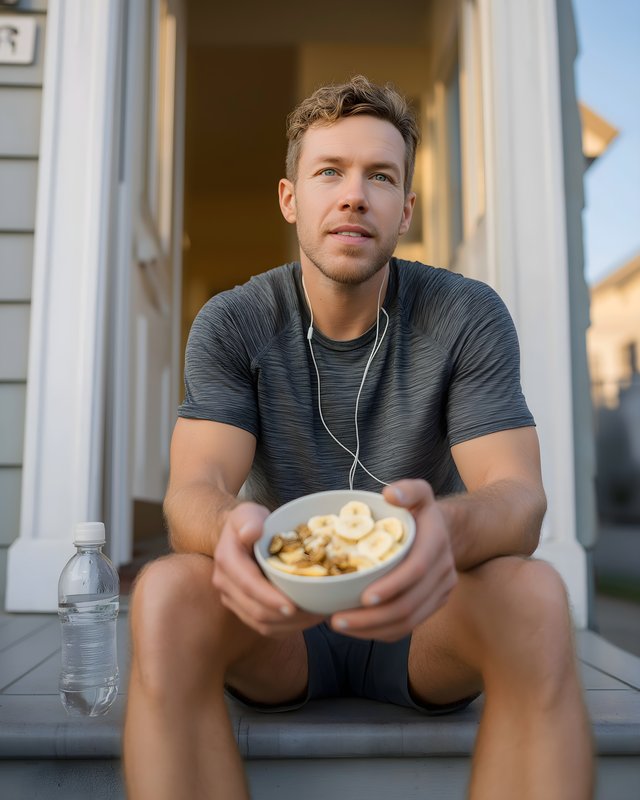 Man sits on steps with snacks after workout in sunny weather Free Premium Stock Image - stock photo