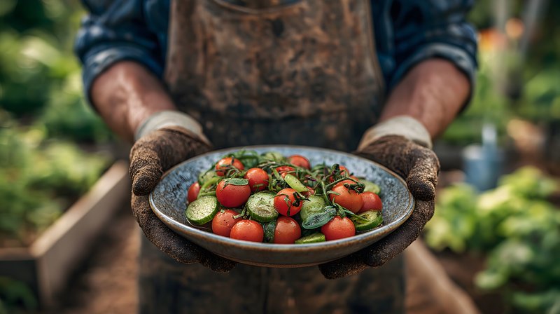 Fresh vegetables held by a gardener in a green space Free Premium Stock Image - stock photo