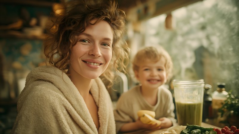 Mother and child smile together during breakfast time Free Premium Stock Image - stock photo