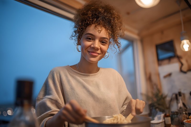 Woman cooking pasta in a cozy kitchen at dusk Free Premium Stock Photo - stock photo
