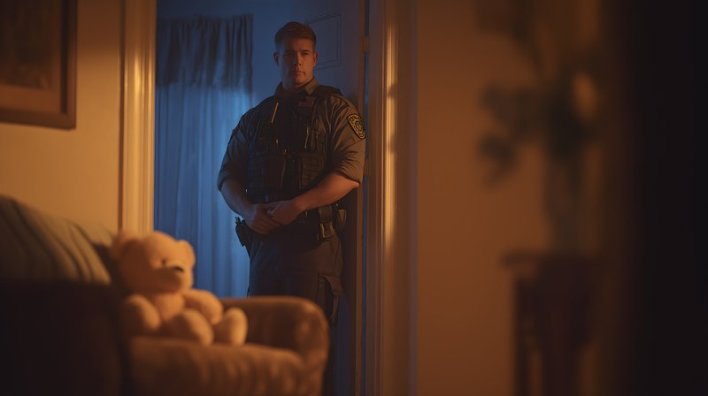 Officer stands guard in a dimly lit hallway at night Free Premium Stock Image - stock photo