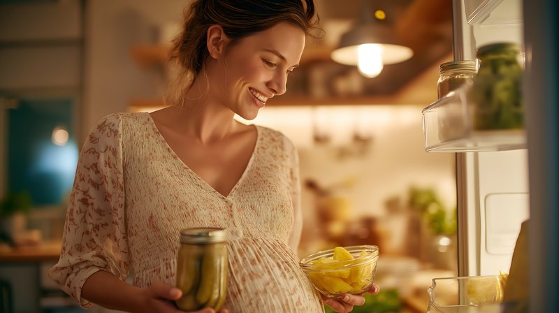 Pregnant woman smiling while looking inside fridge in kitchen Free Premium Stock Image - stock photo