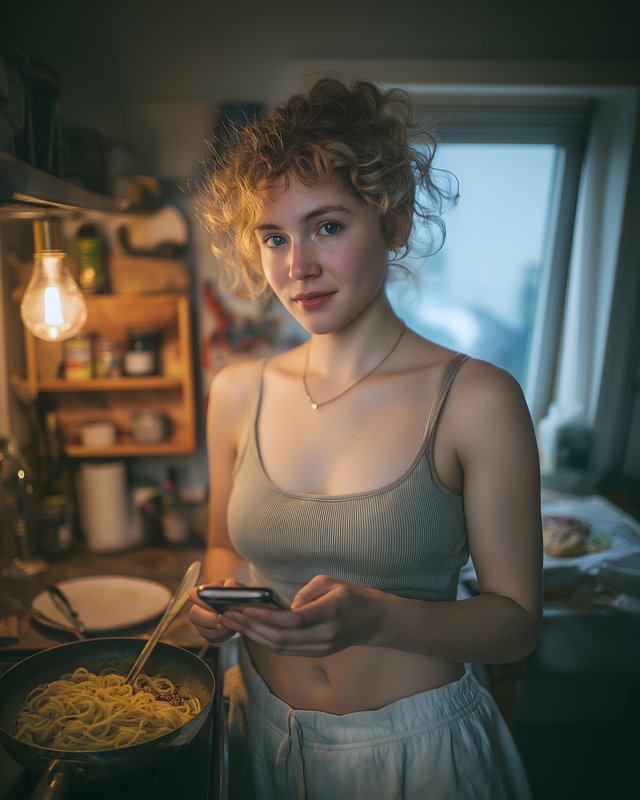 Woman cooking pasta in a modern kitchen while using phone Free Premium Stock Photo - stock photo
