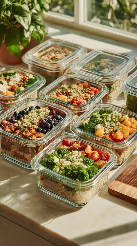 Healthy meal prep in glass containers on a kitchen counter Free Premium Stock Photo - stock photo