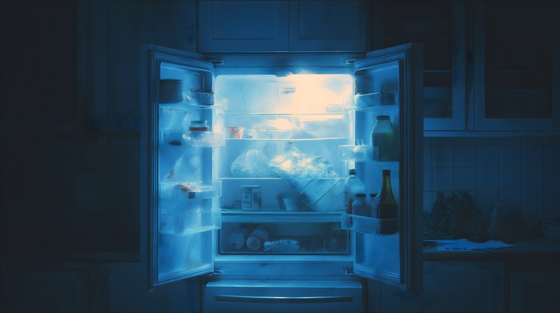 Open fridge at night in dimly lit kitchen Free Premium Stock Photo - stock photo