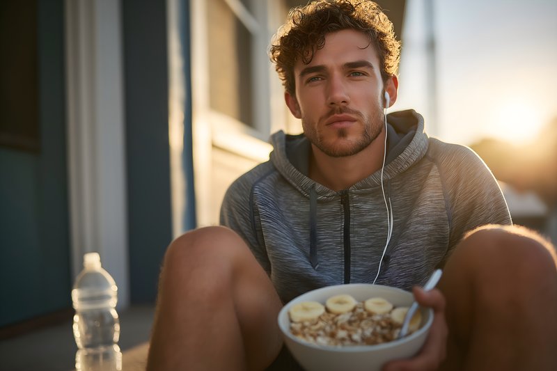 Young man enjoys breakfast on a sunny morning Free Premium Stock Image - stock photo