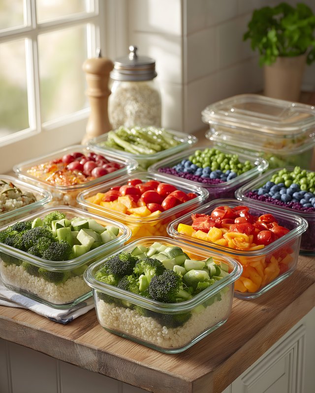 Colorful meal prep in glass containers on a kitchen counter Free Premium Stock Image - stock photo