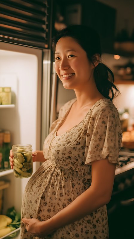 Pregnant woman smiling in kitchen while holding jar of pickles Free Premium Stock Photo - stock photo