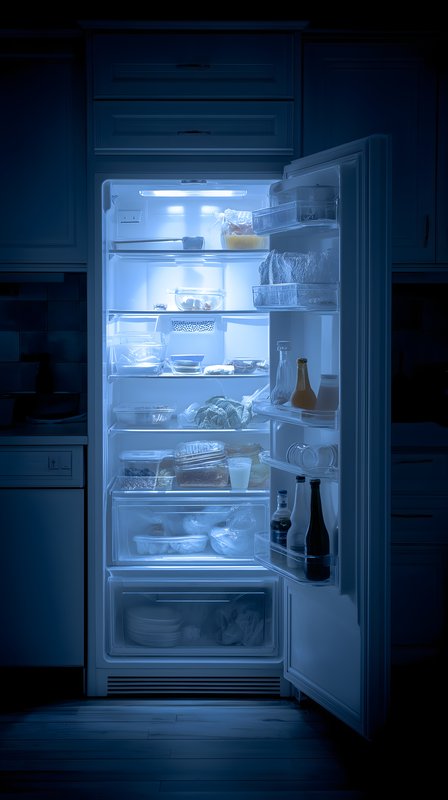 Kitchen refrigerator lit with food and drinks at night Free Premium Stock Image - stock photo