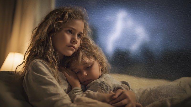 Sisters sit together in a stormy night with rain and lightning Free Premium Stock Photo - stock photo