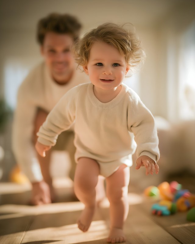 Child runs toward parent in warm room with toys Free Premium Stock Photo - stock photo