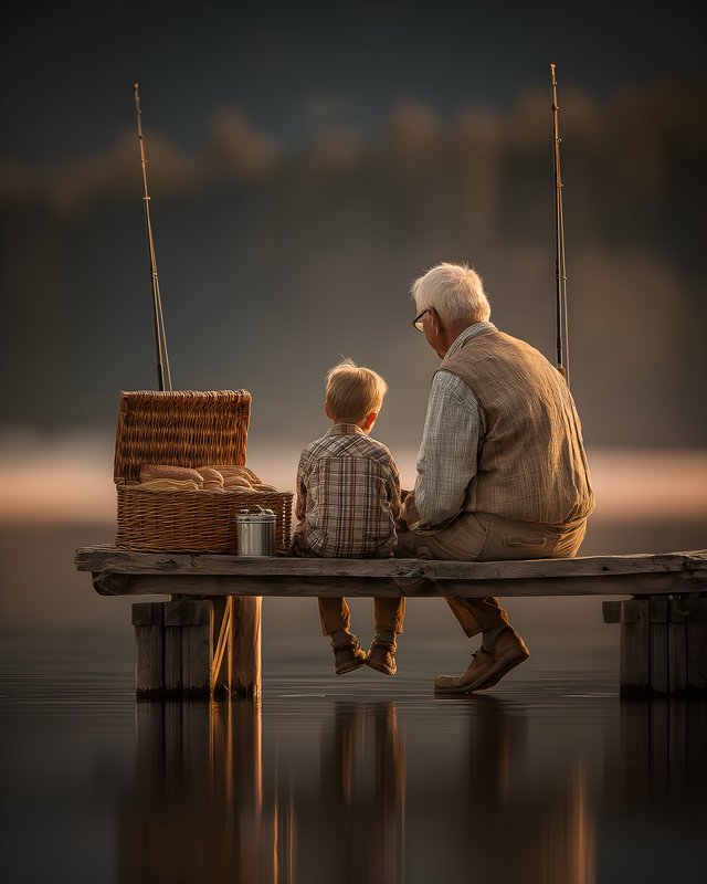 Grandfather and grandson fishing at the lake dock in morning Free Premium Stock Photo - stock photo