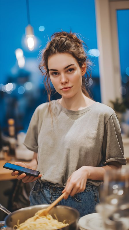 Cooking pasta while using a phone in the kitchen at night Free Premium Stock Image - stock photo