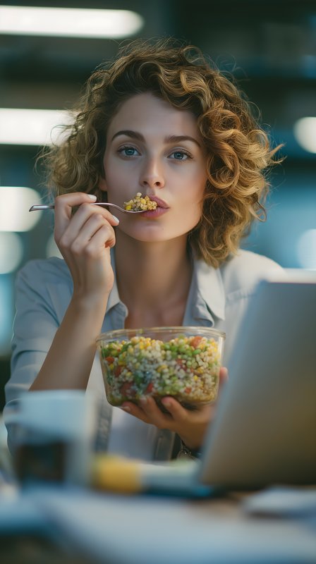 Woman eating salad while working at desk in evening hours Free Premium Stock Photo - stock photo