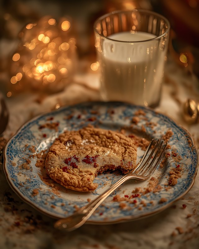 Enjoying cookie and milk at a cozy table with lights Free Premium Stock Photo - stock photo