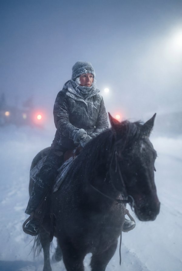 Person rides horse in snow during winter storm in rural area - stock photo