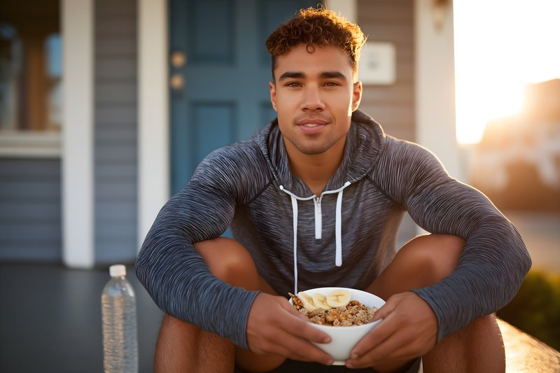Young man enjoys breakfast outside at home during morning light Free Premium Stock Image - stock photo