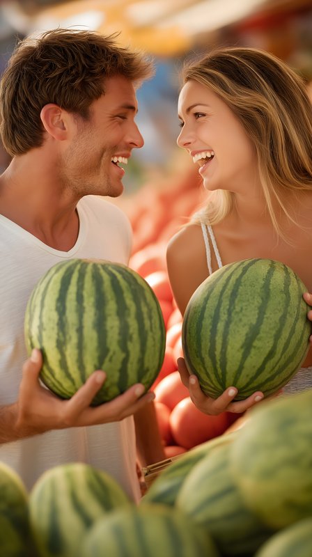 Couple smiles while holding watermelons at market Free Premium Stock Photo - stock photo
