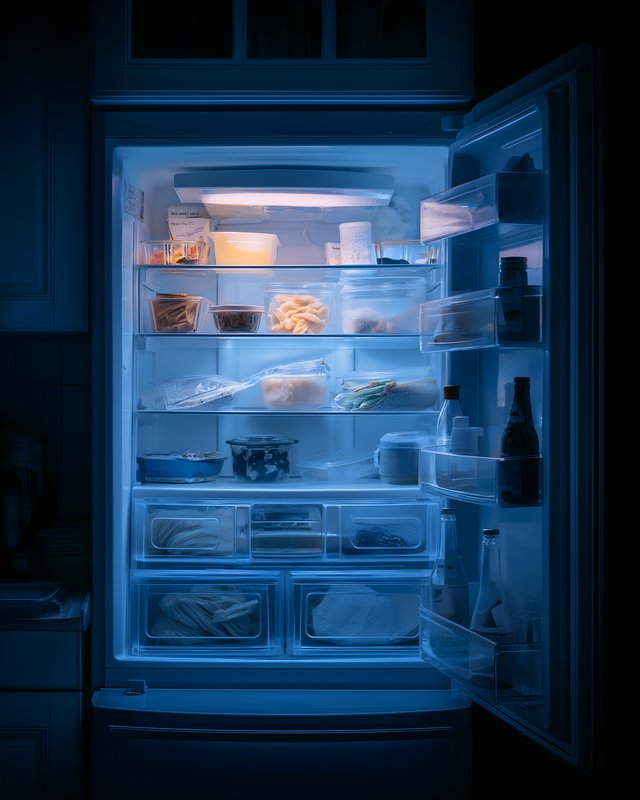 Fridge open at night shows food and drinks inside Free Premium Stock Image - stock photo