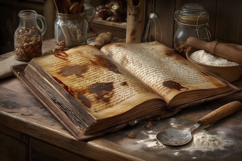 Old cookbook on kitchen table with cooking tools and flour Free Premium Stock Image - stock photo