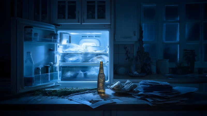 Nighttime kitchen scene with open fridge and cluttered table Free Premium Stock Photo - stock photo